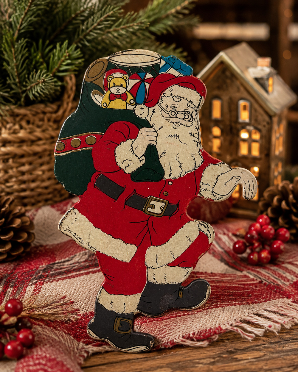 Vintage Wooden Santa Claus Cutout Double Sided Toy Sack Christmas Decoration 7"